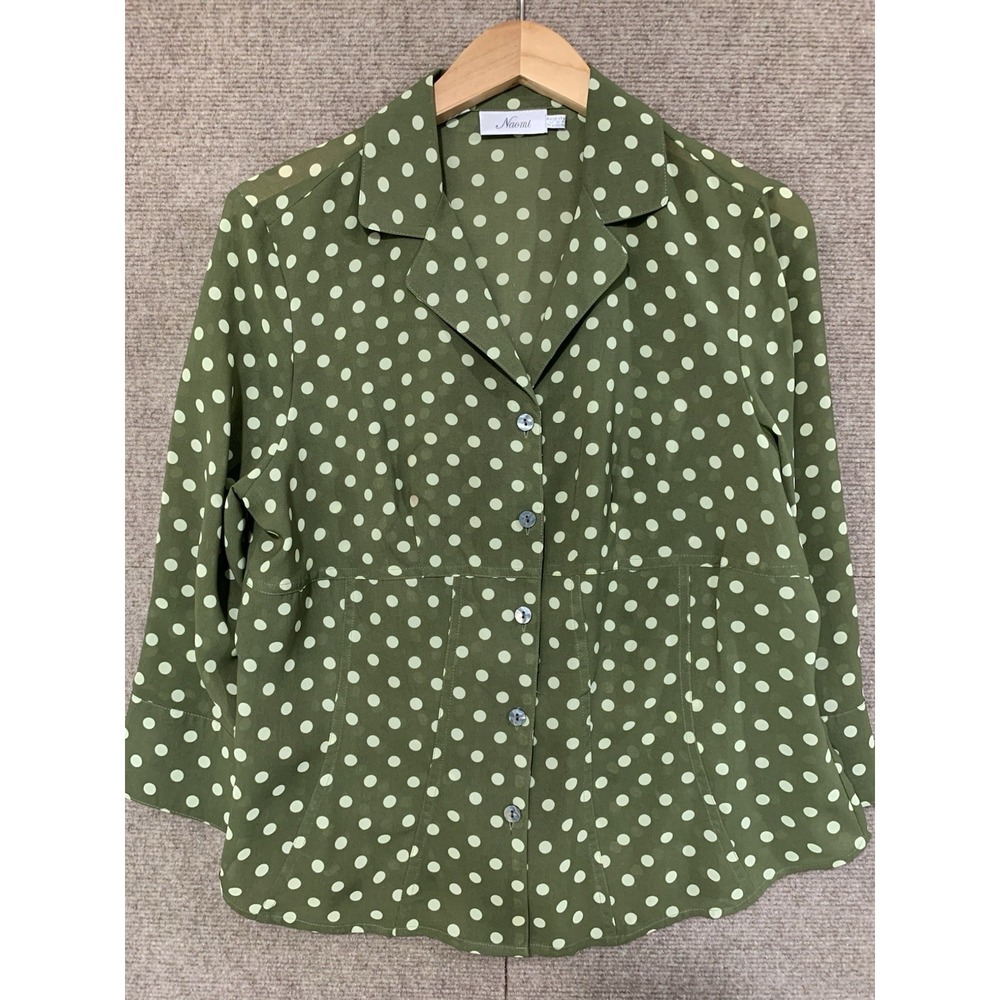 Women's White Polka Dot Classic Button Up Sheer Elegant Blouse Retro Green Sz M